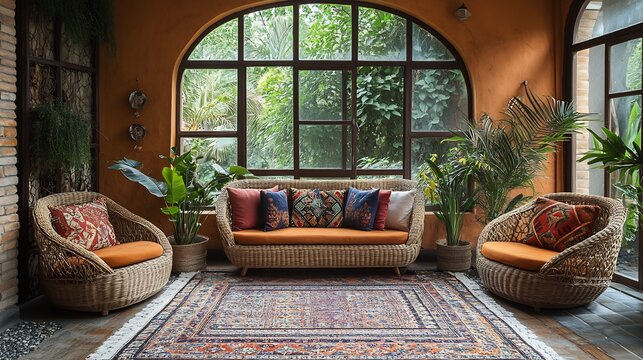 Bohemian living room with colorful patterned rugs mismatched armchairs and rattan furniture Earthy tones and decorative pillows enhance the eclectic style with plants adding a natural vibe
