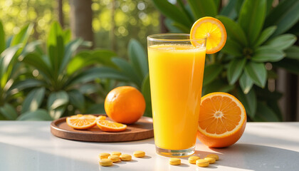 Fototapeta premium Fresh vitamin C orange juice in a glass with orange slices and vitamins on a table in a bright setting