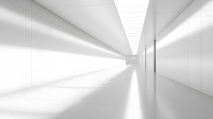 Obraz premium A futuristic white hallway with a glowing light at the end,white hallway with a bright light at the end,Empty white futuristic corridor with a glowing light in the distance