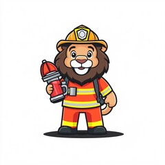 Cute Cartoon Lion Dressed as Firefighter Ready to Help
