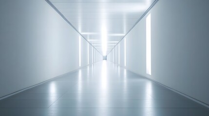 Obraz premium A futuristic white hallway with a glowing light at the end,white hallway with a bright light at the end,Empty white futuristic corridor with a glowing light in the distance