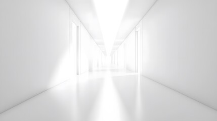 Obraz premium A futuristic white hallway with a glowing light at the end,white hallway with a bright light at the end,Empty white futuristic corridor with a glowing light in the distance