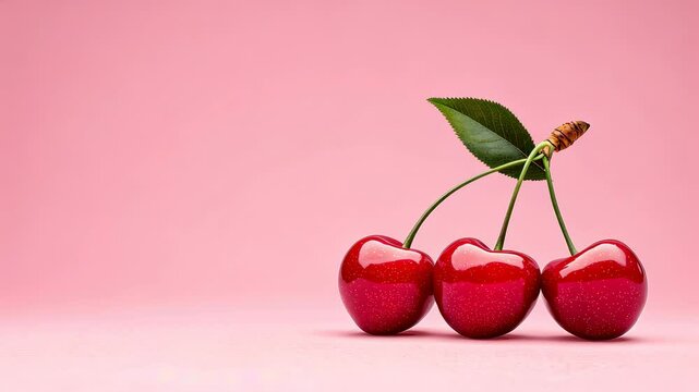 A vibrant trio of fresh cherries on a soft pink background