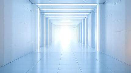 Obraz premium A futuristic white hallway with a glowing light at the end,white hallway with a bright light at the end,Empty white futuristic corridor with a glowing light in the distance
