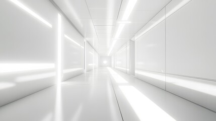 Obraz premium A futuristic white hallway with a glowing light at the end,white hallway with a bright light at the end,Empty white futuristic corridor with a glowing light in the distance