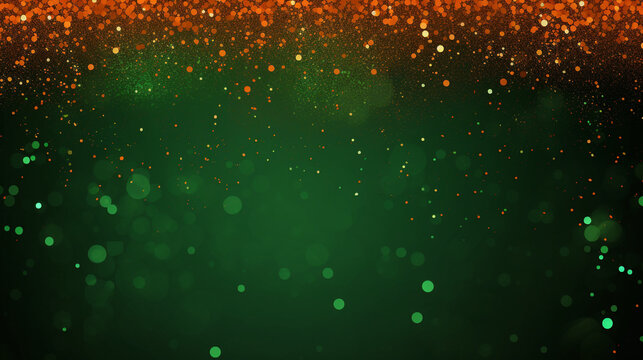 Festive bokeh background with orange and green glowing particles. Minimal flat background with copy space. Halloween themed.