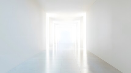 Obraz premium A futuristic white hallway with a glowing light at the end,white hallway with a bright light at the end,Empty white futuristic corridor with a glowing light in the distance