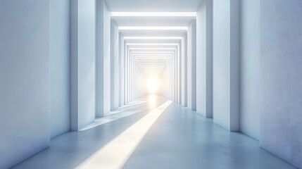 Obraz premium A futuristic white hallway with a glowing light at the end,white hallway with a bright light at the end,Empty white futuristic corridor with a glowing light in the distance