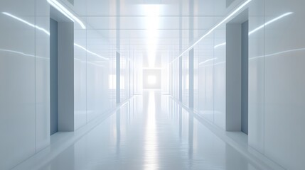 Obraz premium A futuristic white hallway with a glowing light at the end,white hallway with a bright light at the end,Empty white futuristic corridor with a glowing light in the distance