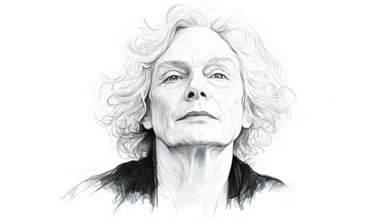 Fototapeta premium A black and white portrait drawing of an older woman with short, curly hair looking up.