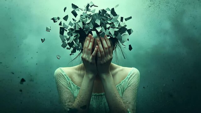 A surreal image capturing emotional turmoil, featuring a figure covered by fragmented pieces symbolizing a fractured mind.