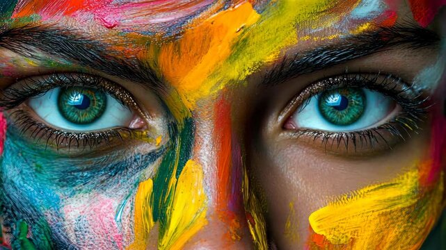 A close-up of a woman's eyes painted with vibrant colors