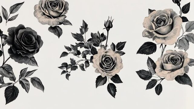 A collection of delicate, black and white roses with leaves drawn in pencil