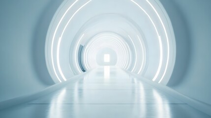 Obraz premium A futuristic white hallway with a glowing light at the end,white hallway with a bright light at the end,Empty white futuristic corridor with a glowing light in the distance