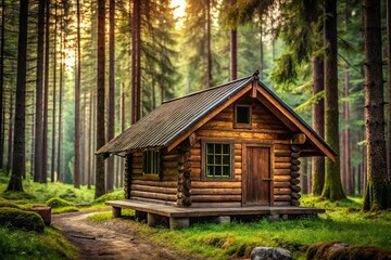 Tranquil and rustic cabin surrounded by forest trees