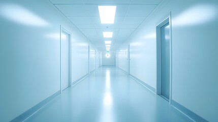 Fototapeta premium A futuristic white hallway with a glowing light at the end,white hallway with a bright light at the end,Empty white futuristic corridor with a glowing light in the distance