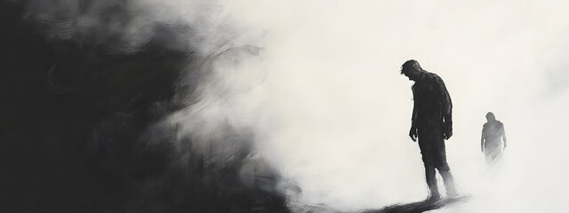 A man walking through fog with his head down, a shadowy figure stands behind him in the mist. Ink painting, dark and gritty,