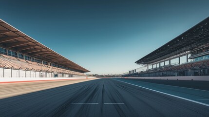 A dramatic, empty racing track under a clear sky, with spectator seats lining the sides. The stillness contrasts with the vibrant anticipation in the air, as if waiting for the action to begin.