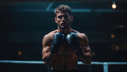 Portrait of a young boxer while standing in boxing gloves