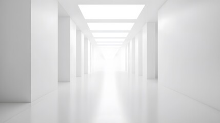 Obraz premium A futuristic white hallway with a glowing light at the end,white hallway with a bright light at the end,Empty white futuristic corridor with a glowing light in the distance