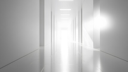 A futuristic white hallway with a glowing light at the end,white hallway with a bright light at the end,Empty white futuristic corridor with a glowing light in the distance