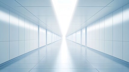 A futuristic white hallway with a glowing light at the end,white hallway with a bright light at the end,Empty white futuristic corridor with a glowing light in the distance