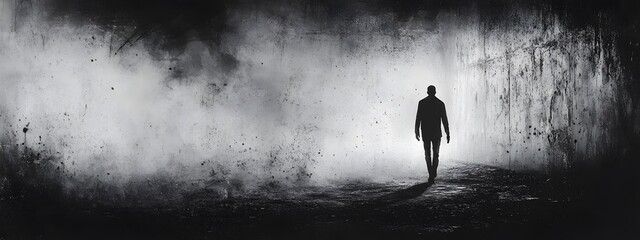 A man walking through fog with his head down, a shadowy figure stands behind him in the mist. Ink painting, dark and gritty,