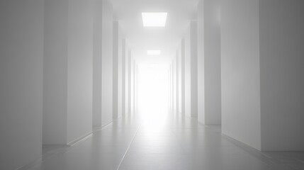 A futuristic white hallway with a glowing light at the end,white hallway with a bright light at the end,Empty white futuristic corridor with a glowing light in the distance