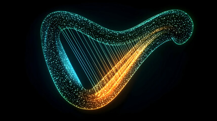 A glowing harp made of particles in blue and orange hues, symbolizing music and the digital age.
