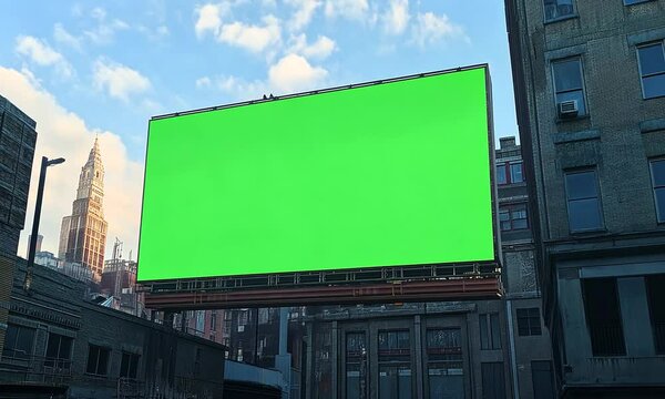 A large green screen billboard stands tall against a city backdrop, perfect for advertisement.