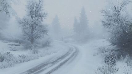 serene winter landscape with heavy snowfall covering road and trees