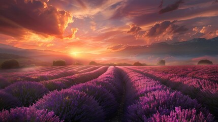 Fototapeta premium Beautiful view with lavender fields at sunset.