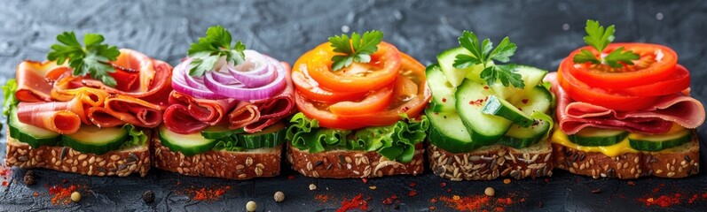 Many different types of sandwiches with different toppings, food background, banner