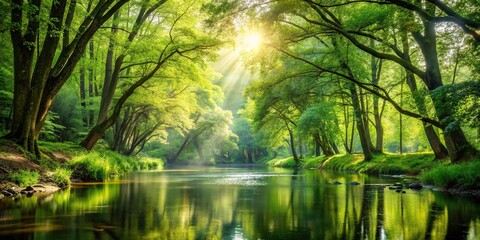 Tranquil forest scene with sunlight filtering through trees by flowing river