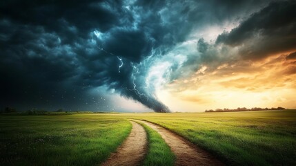 Dramatic tornado forming over a field with a dirt road.
