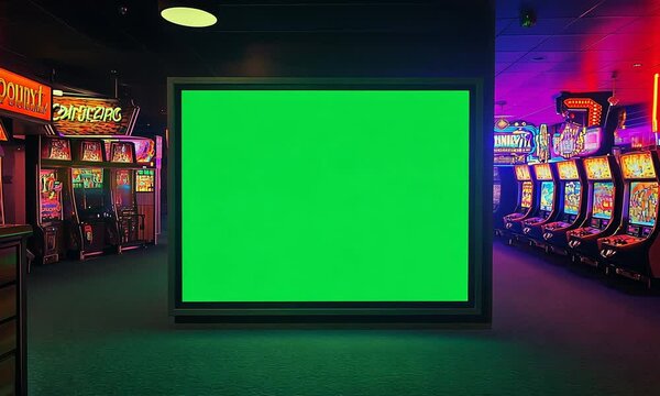Green screen mock-up in a gaming arcade with colorful neon lights and slot machines.