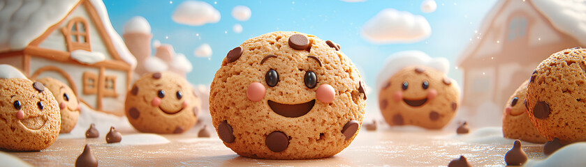 Cheerful 3D cookies with smiling faces and chocolate chips in a playful, whimsical scene