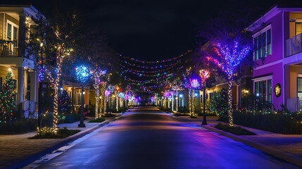 Festive lights illuminate neighborhood, creating magical atmosphere