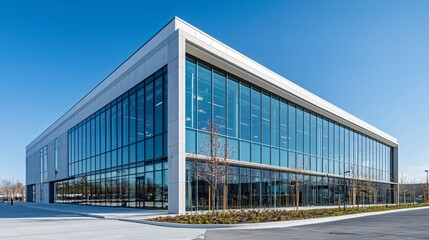 Wide Shot of a Modern Minimalist Building Featuring Clean Lines and Large Glass Windows, Showcasing Urban Design and Architectural Elegance