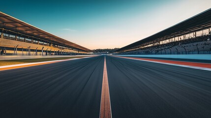 A dramatic, empty racing track under a clear sky, with spectator seats lining the sides. The stillness contrasts with the vibrant anticipation in the air, as if waiting for the action to begin.