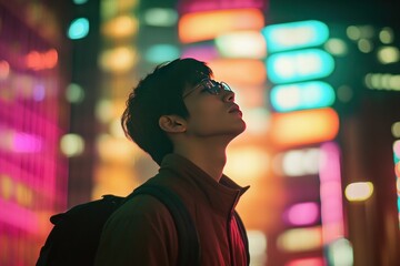 Fototapeta premium Young Man Gazing at Neon City Lights at Night
