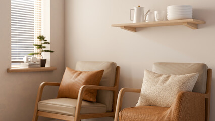 A minimalist Scandinavian living room features two minimalist wooden armchairs with pillows