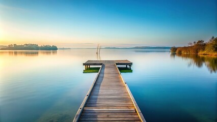 Fototapeta premium Tranquil lakeside with wooden dock and sky reflections