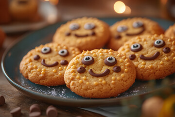 Cute 3D cookies with chocolate chip eyes and smiling faces in a warm, playful setting