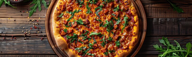 Pizza with cheese and herbs on a wooden table, food background, banner, copy space