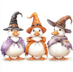 Fototapeta premium Three cheerful ducks wearing colorful witch hats and capes celebrating Halloween together