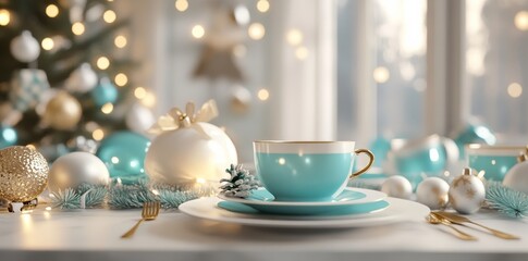 Fototapeta premium Modern table setting for Christmas dinner in turquoise and white.