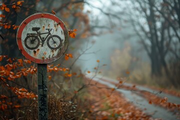 Naklejka premium Rusty no bicycle sign is marking the entrance of a path going into a misty forest on a rainy autumn day