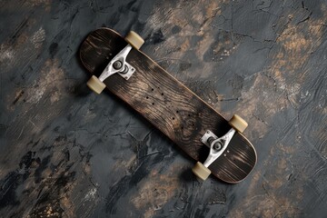 Close-up of a wooden skateboard on textured dark surface during indoor setting
