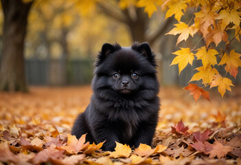 Fototapeta premium black mini spitz in the autumn park
